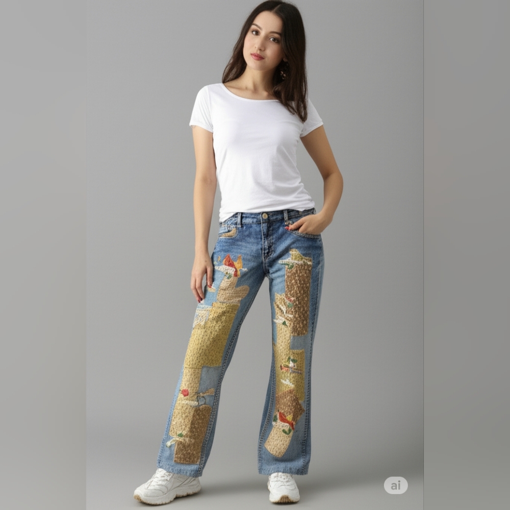 HAND CRAFTED Jeans UPCYCLED Blue Denim Patchwork Bird Floral Applique Size 6 - Picture 3 of 17
